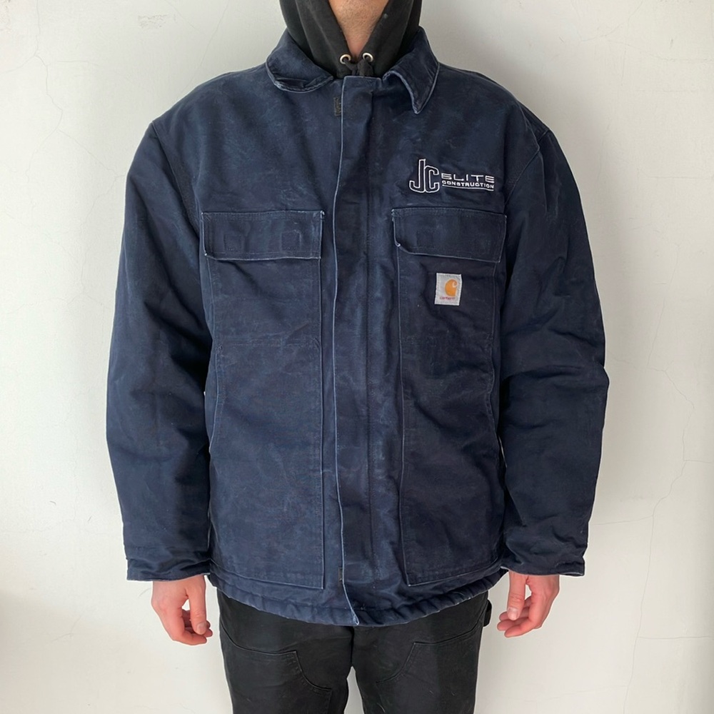 Carhartt Men’s Navy Canvas Coat Quilted Lining Corduroy Collar Sz XL